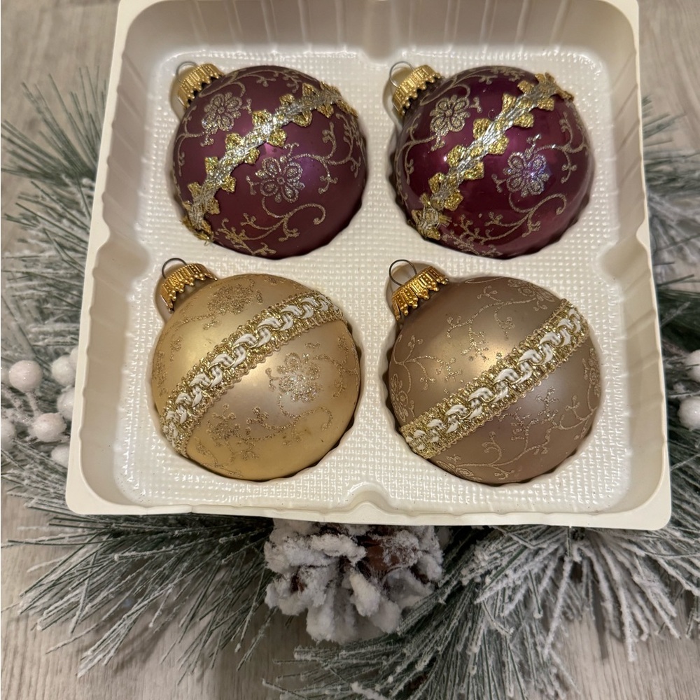 Vintage Christmas By Krebs 8 - Purple Gold Glass Ornaments W/Glitter & Ribbon - Picture 6 of 11